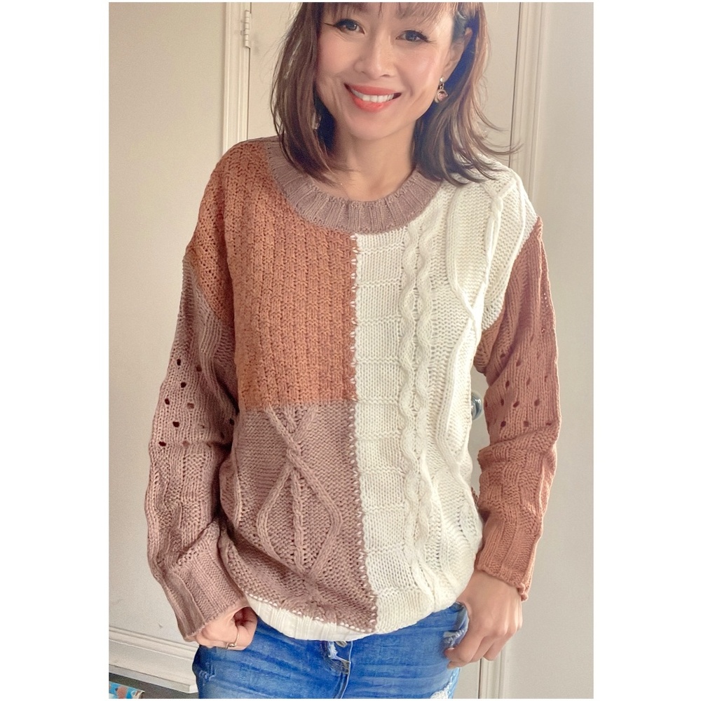 020 Cozy Color Block Loose Fit Sweater Top